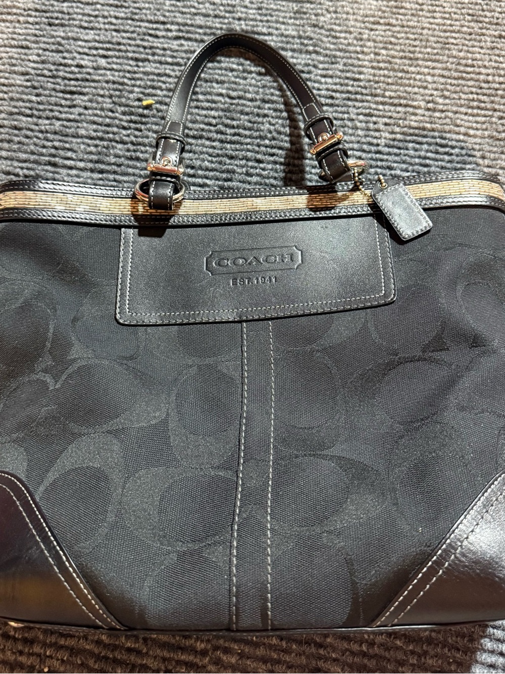 Coach Black Signature Canvas Tote with Leather Trim